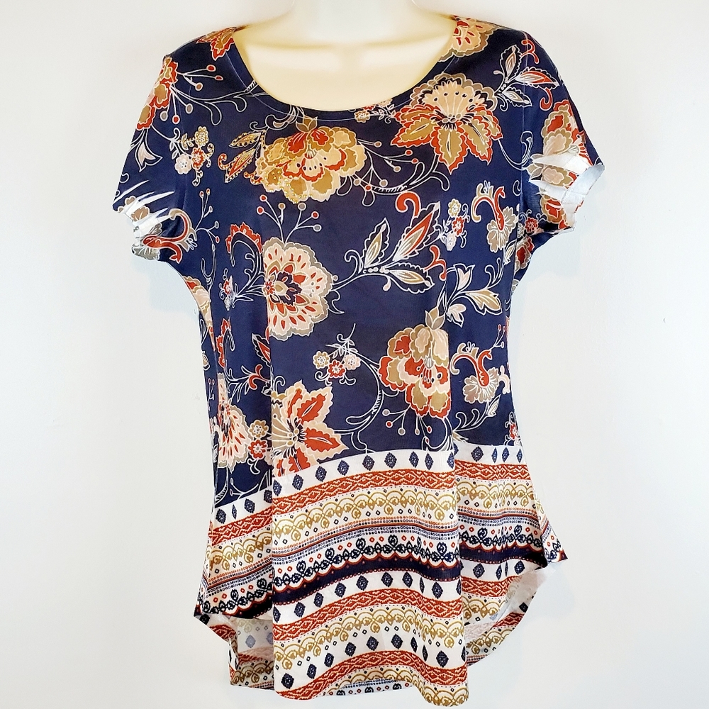 Womens World Unity Bohemian Floral Paisley Gold Beaded Knit Top Shirt Blouse M